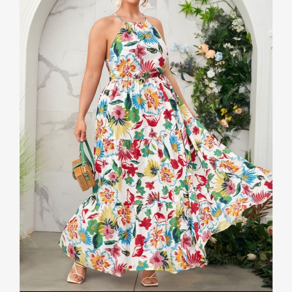 Plus Size White Floral Print Tie Back Dress New - Picture 1 of 7